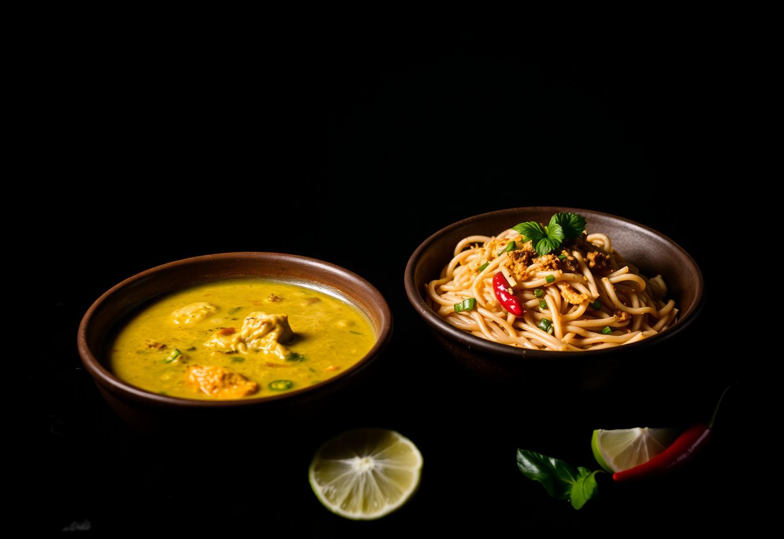 Thaise curry en pad thai in donkere schaaltjes